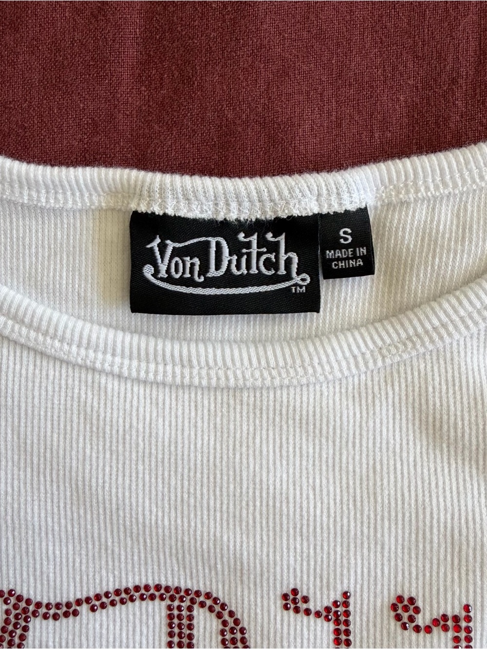 Von Dutch White Ribbed Tank with Red Rhinestone Logo - Picture 3 of 4